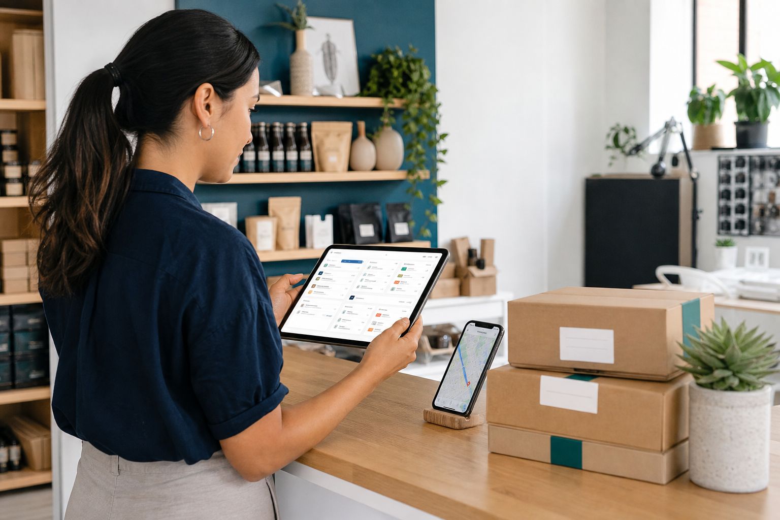 Tienda organizada con tablet de operaci&oacute;n y seguimiento de entregas